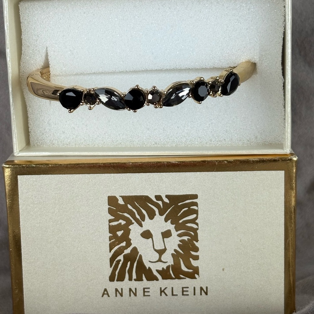 Anne Klein Gold-Tone Black & Gray Rhinestone Hinged Bangle Bracelet